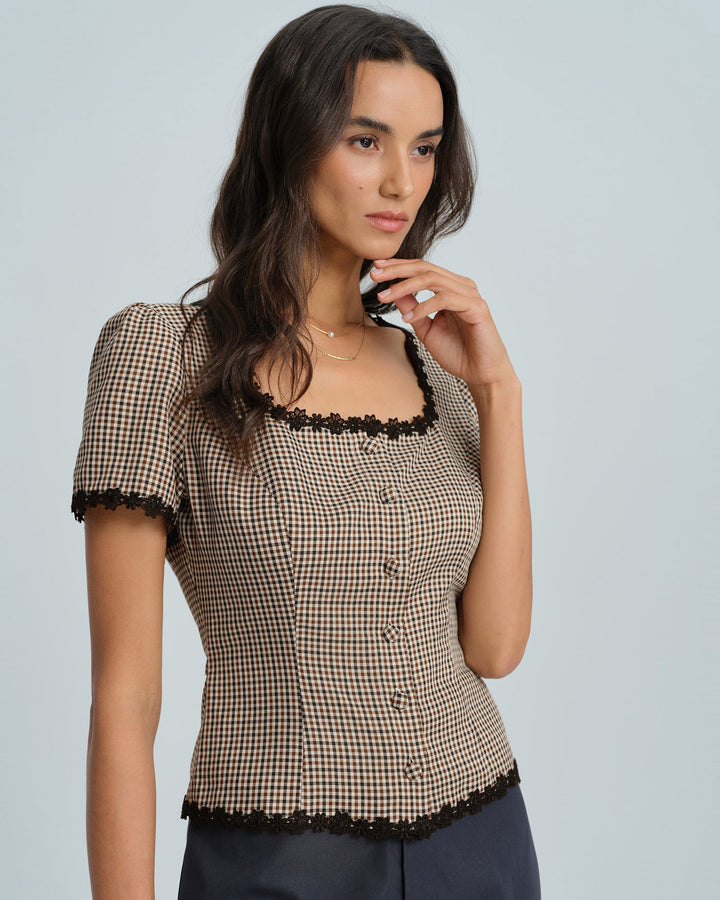 Morgan and Brooke | Square Neck Plaid Blouse for Women