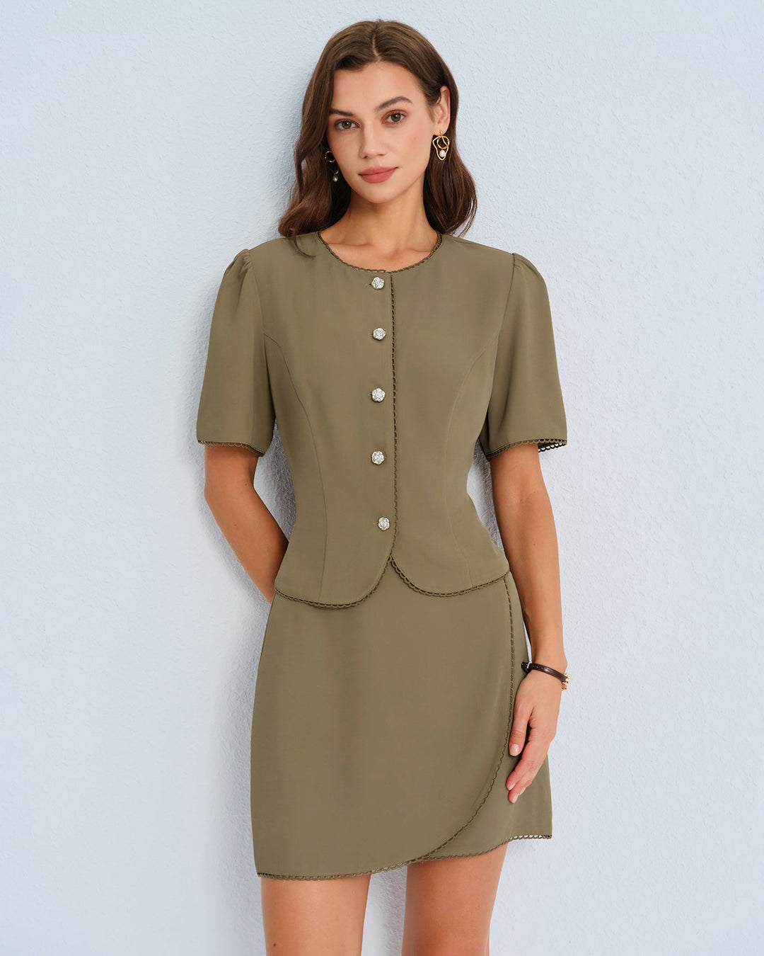 Morgan and Brooke | Puffed Sleeve Blouse for Women in Khaki