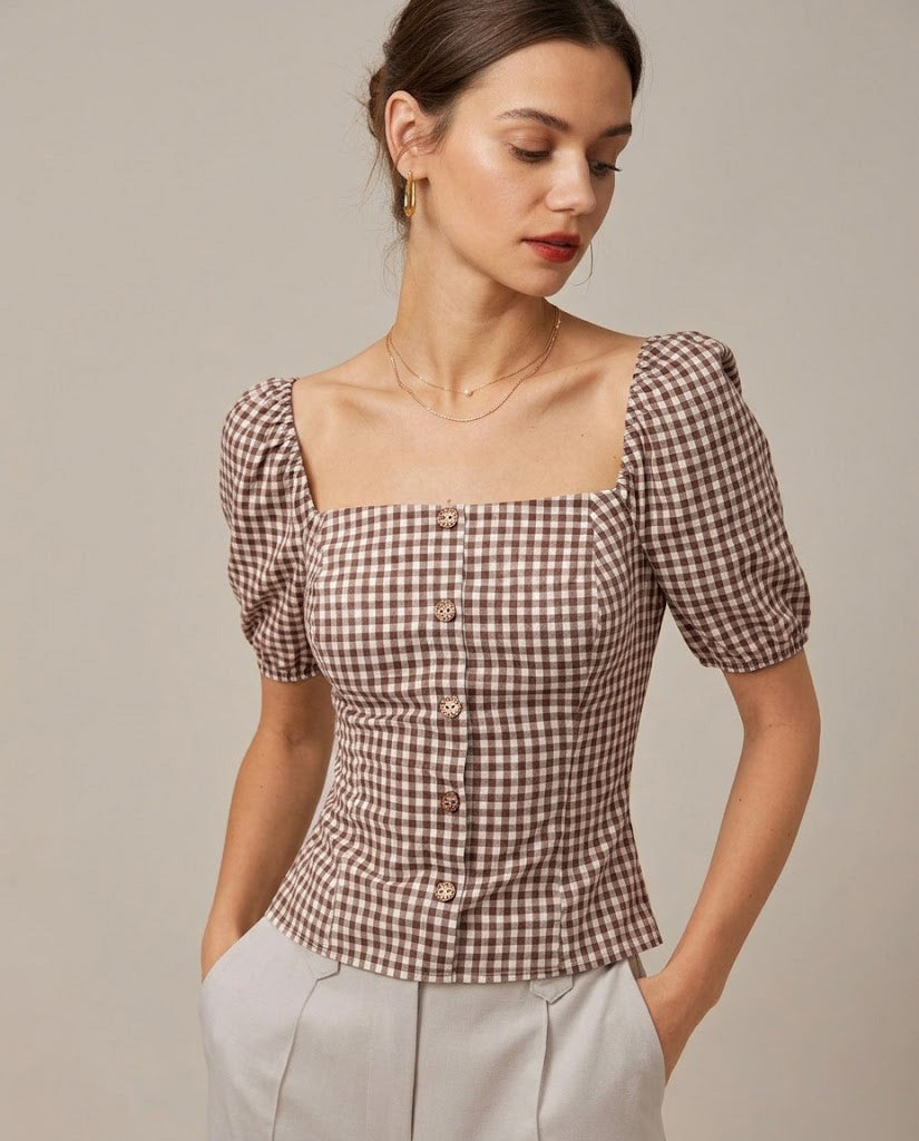 Morgan and Brooke | Brown Plaid Blouse for Women with Square Neck and Puffed Sleeves