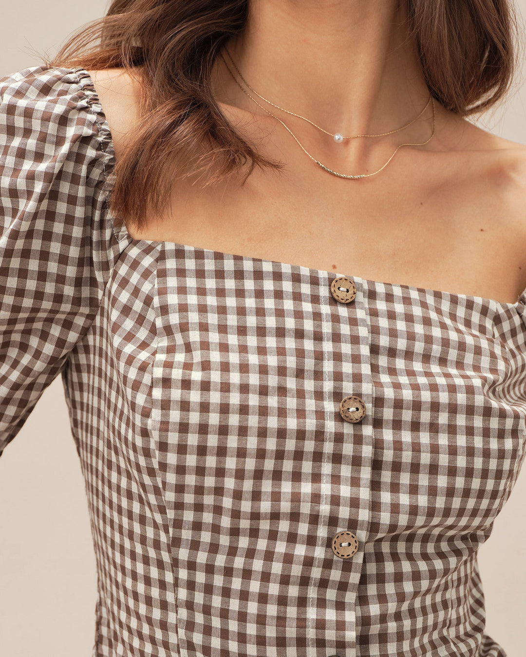 Morgan and Brooke | Brown Plaid Blouse for Women with Square Neck and Puffed Sleeves