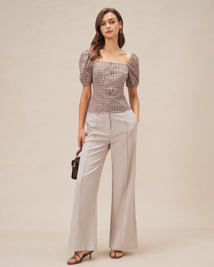 Morgan and Brooke | Brown Plaid Blouse for Women with Square Neck and Puffed Sleeves