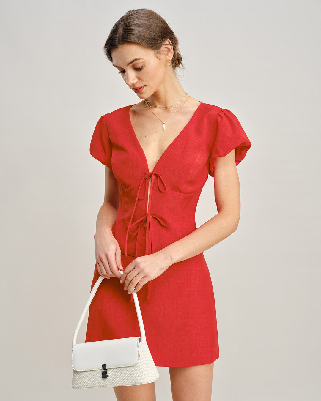 Morgan and Brooke | V Neck Tie Blouse for Women in Red