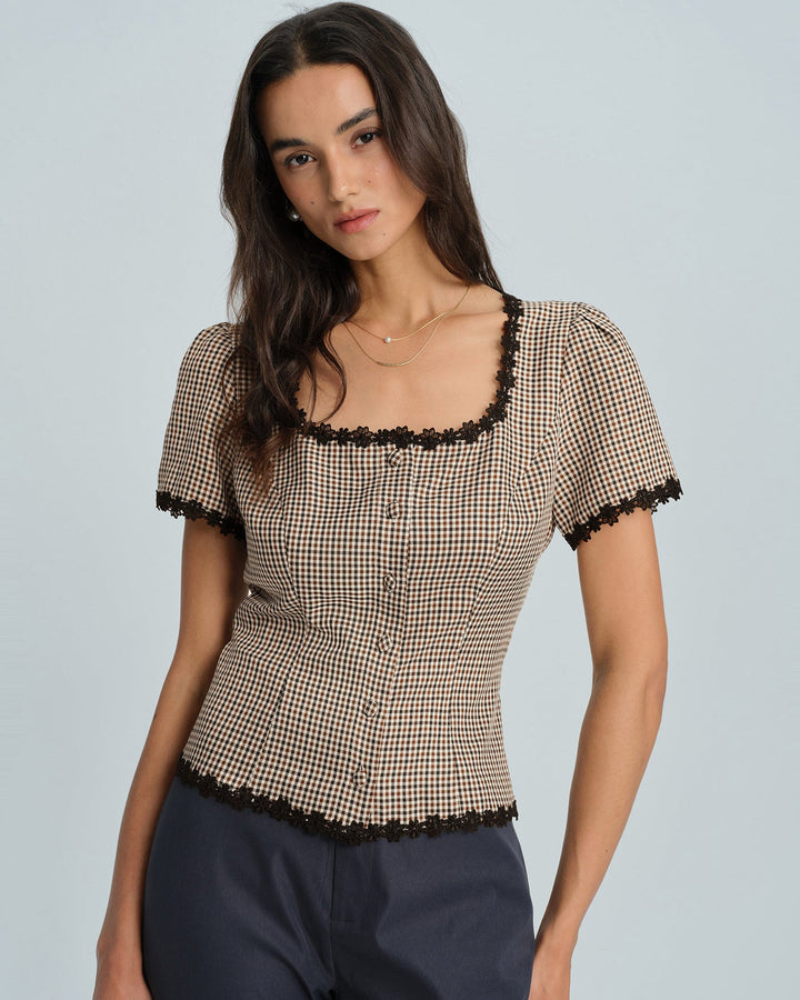 Morgan and Brooke | Square Neck Plaid Blouse for Women