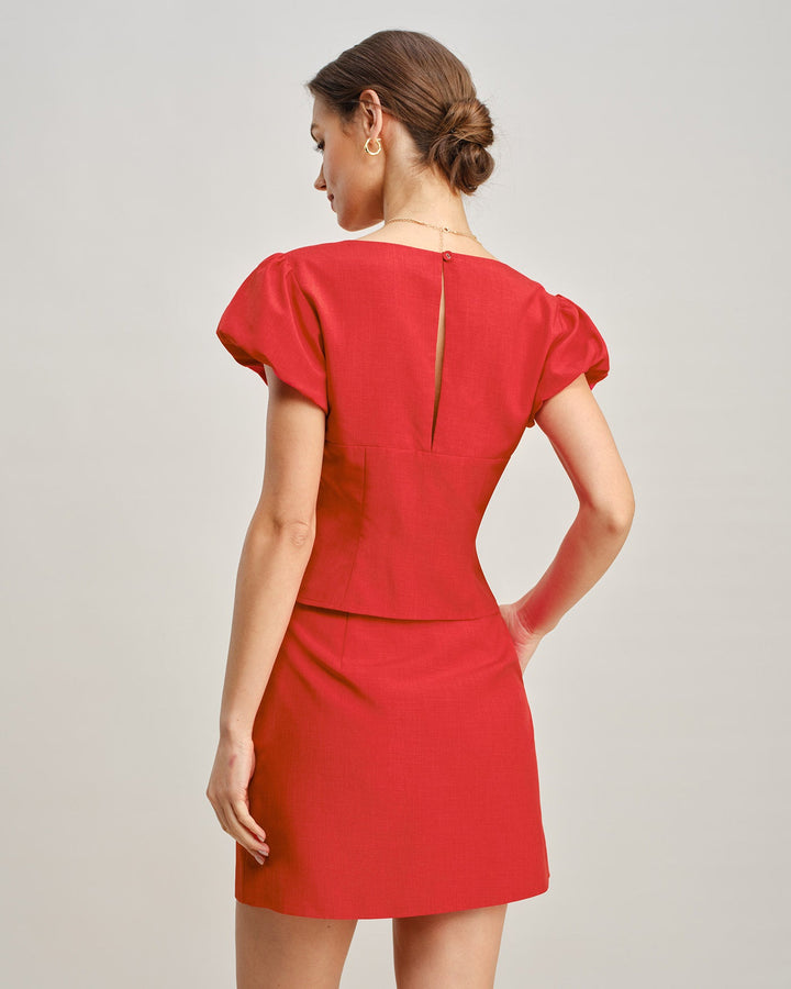 Morgan and Brooke | V Neck Tie Blouse for Women in Red