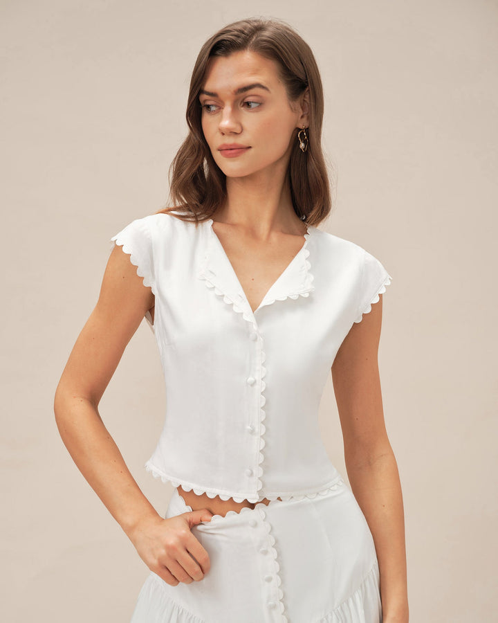 Morgan and Brooke | Cap Sleeve Button Blouse for Women in White
