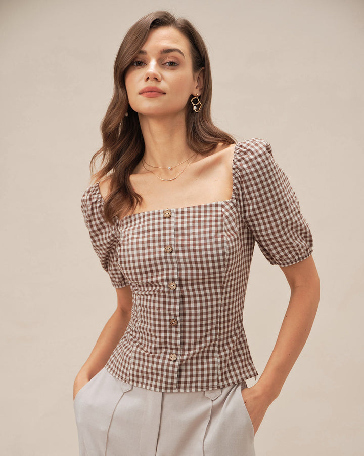 Morgan and Brooke | Brown Plaid Blouse for Women with Square Neck and Puffed Sleeves