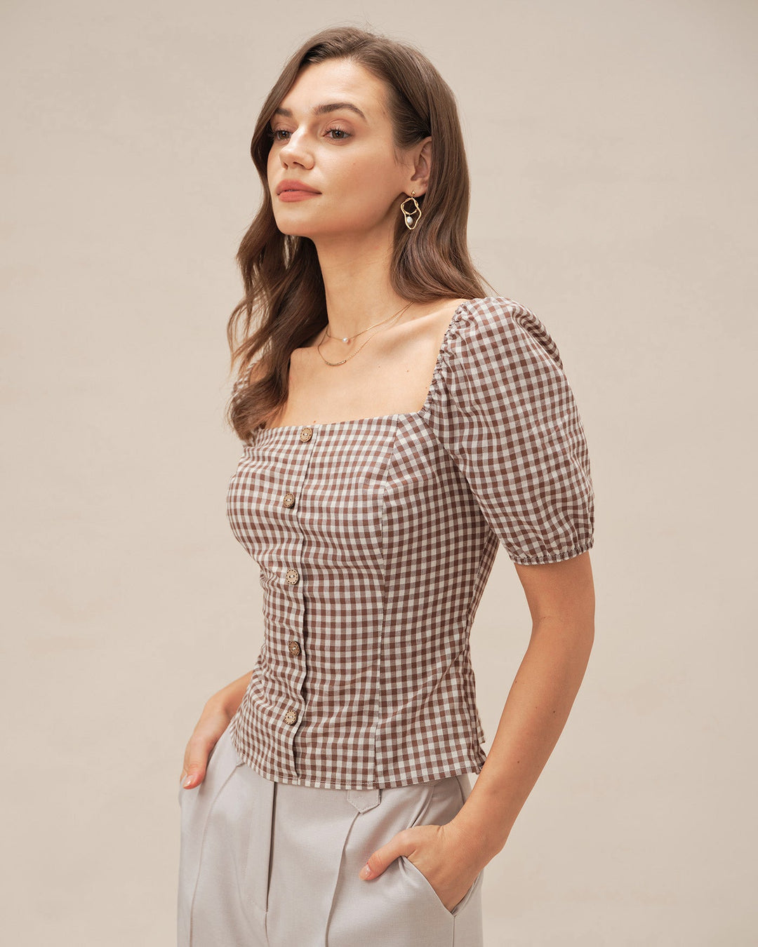 Morgan and Brooke | Brown Plaid Blouse for Women with Square Neck and Puffed Sleeves