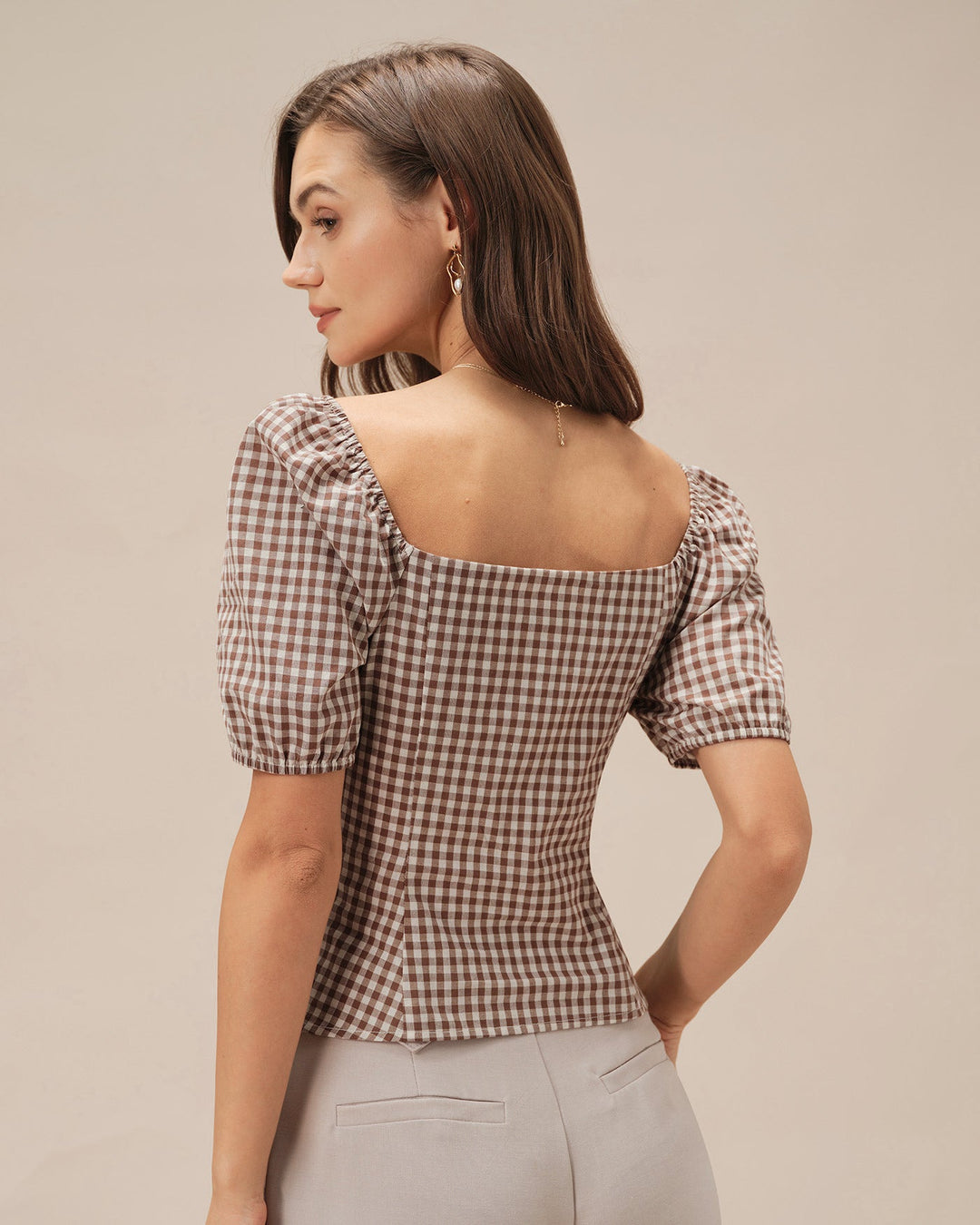 Morgan and Brooke | Brown Plaid Blouse for Women with Square Neck and Puffed Sleeves