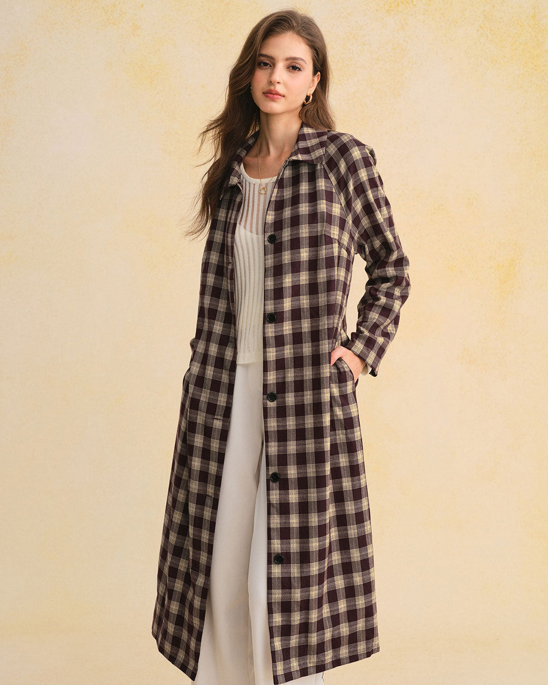 Morgan and Brooke | Brown Plaid Long Coat for Women