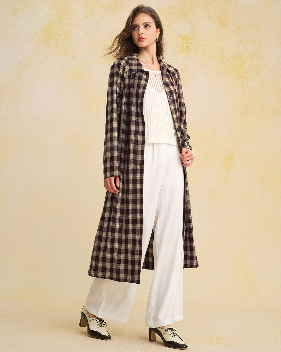 Morgan and Brooke | Brown Plaid Long Coat for Women