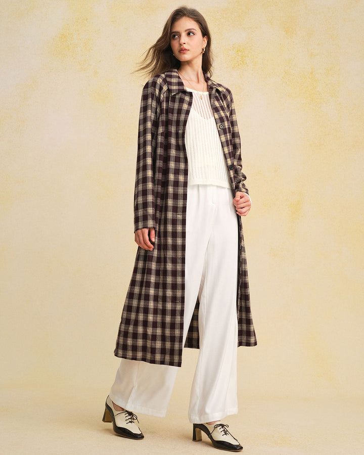 Morgan and Brooke | Brown Plaid Long Coat for Women