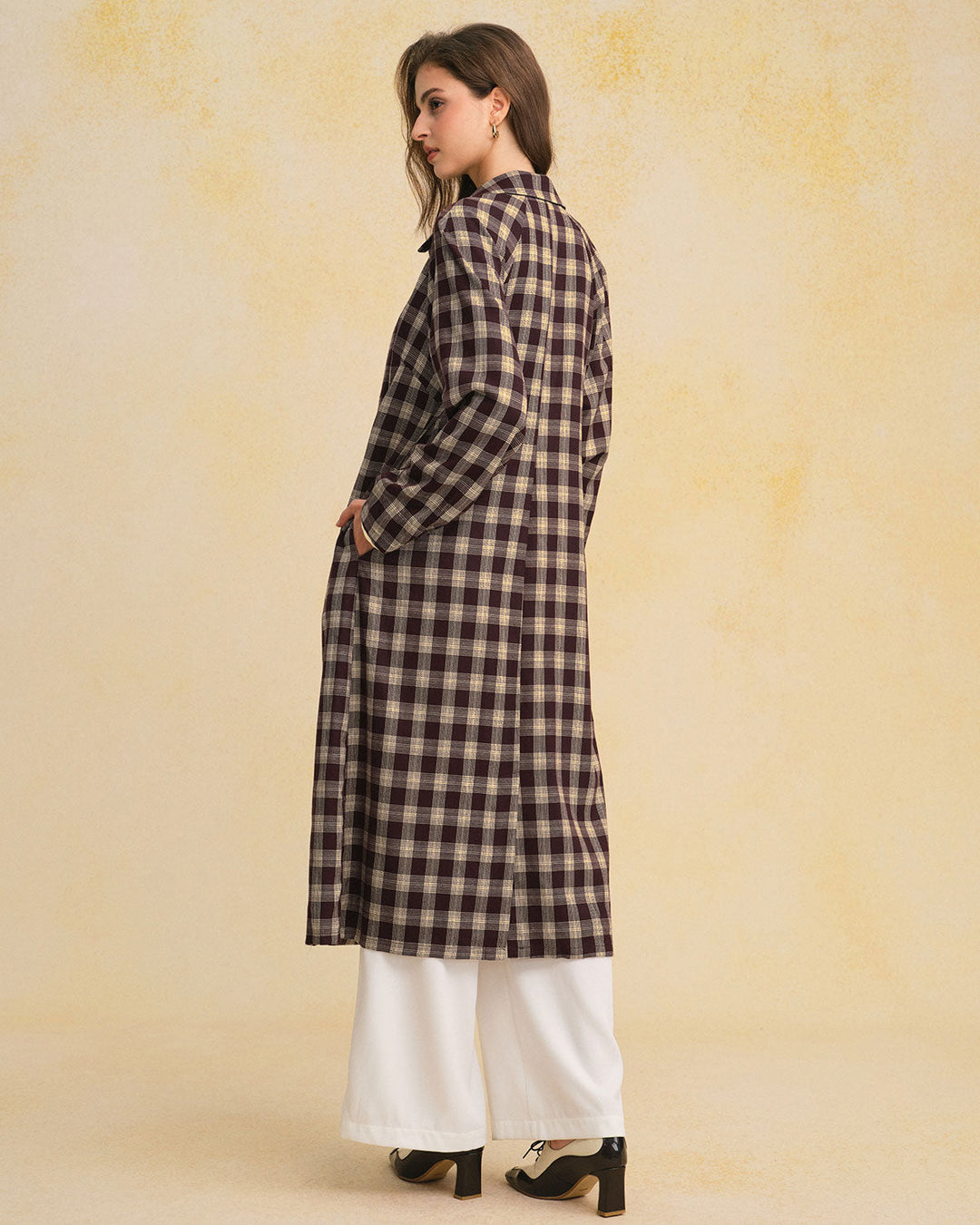 Morgan and Brooke | Brown Plaid Long Coat for Women