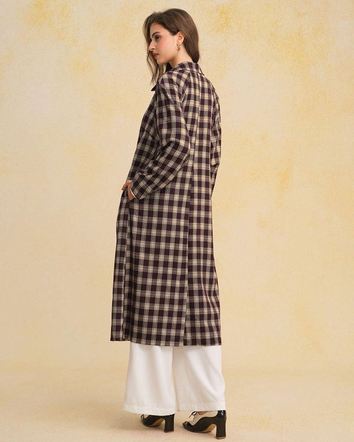 Morgan and Brooke | Brown Plaid Long Coat for Women
