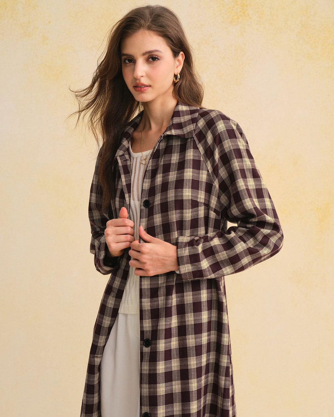 Morgan and Brooke | Brown Plaid Long Coat for Women