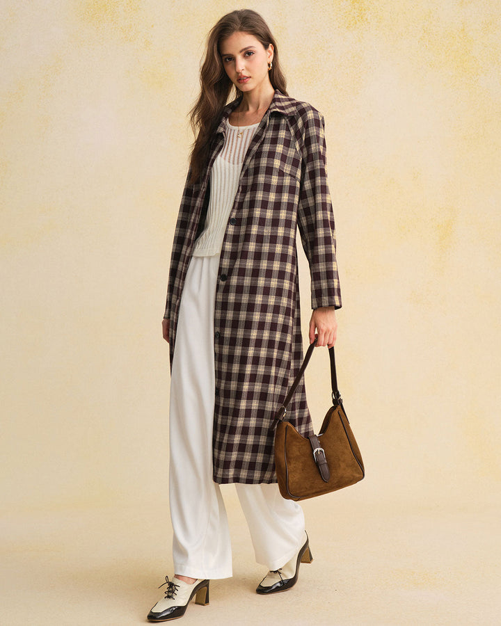 Morgan and Brooke | Brown Plaid Long Coat for Women