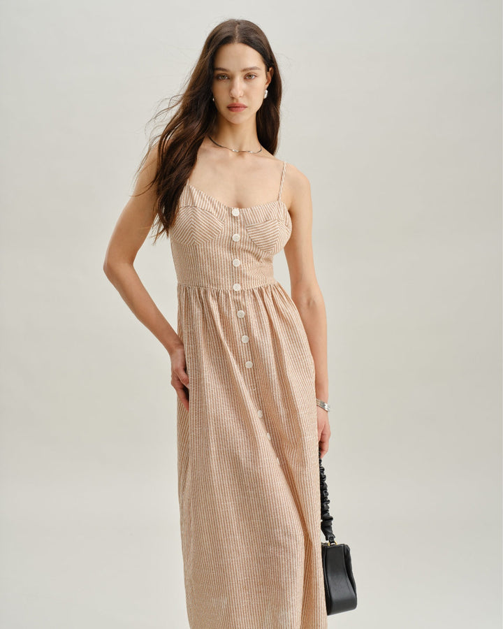 Morgan and Brooke | Striped Sweetheart Neck Maxi Dress in Orange