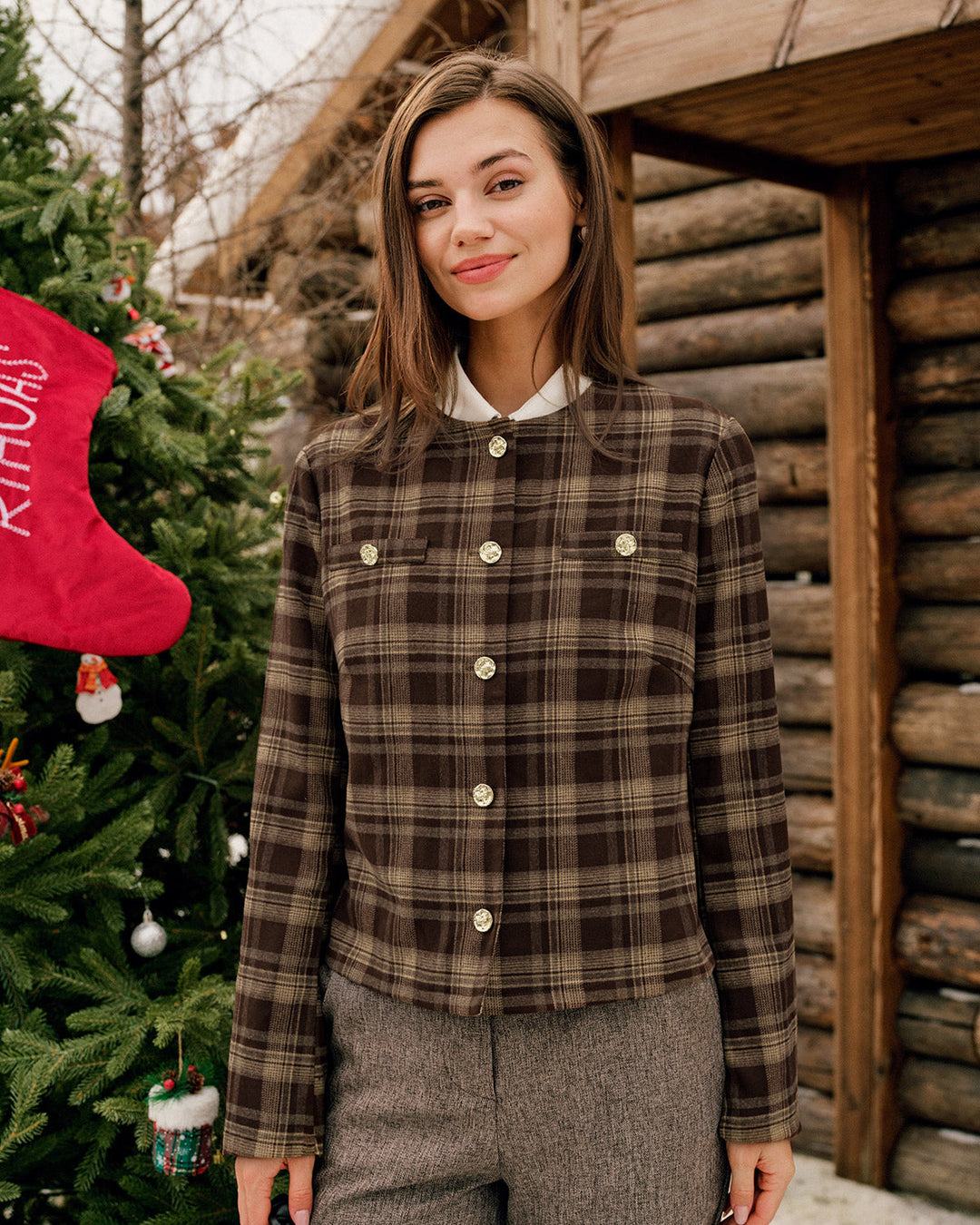 Morgan and Brooke | Brown Plaid Single Breasted Jacket