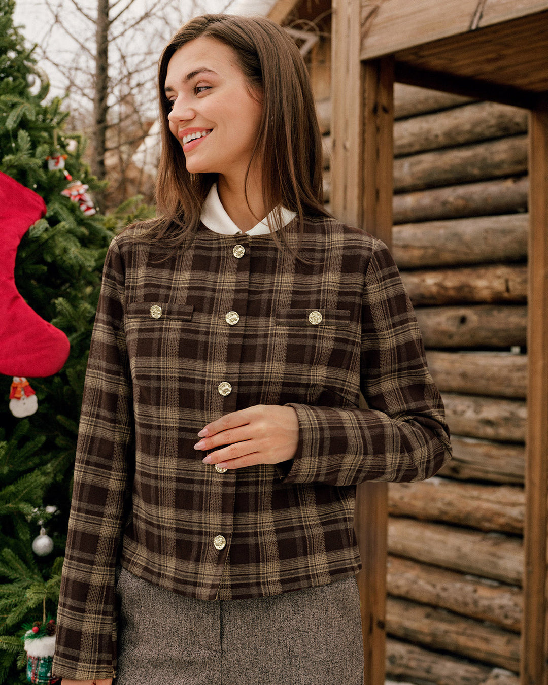 Morgan and Brooke | Brown Plaid Single Breasted Jacket