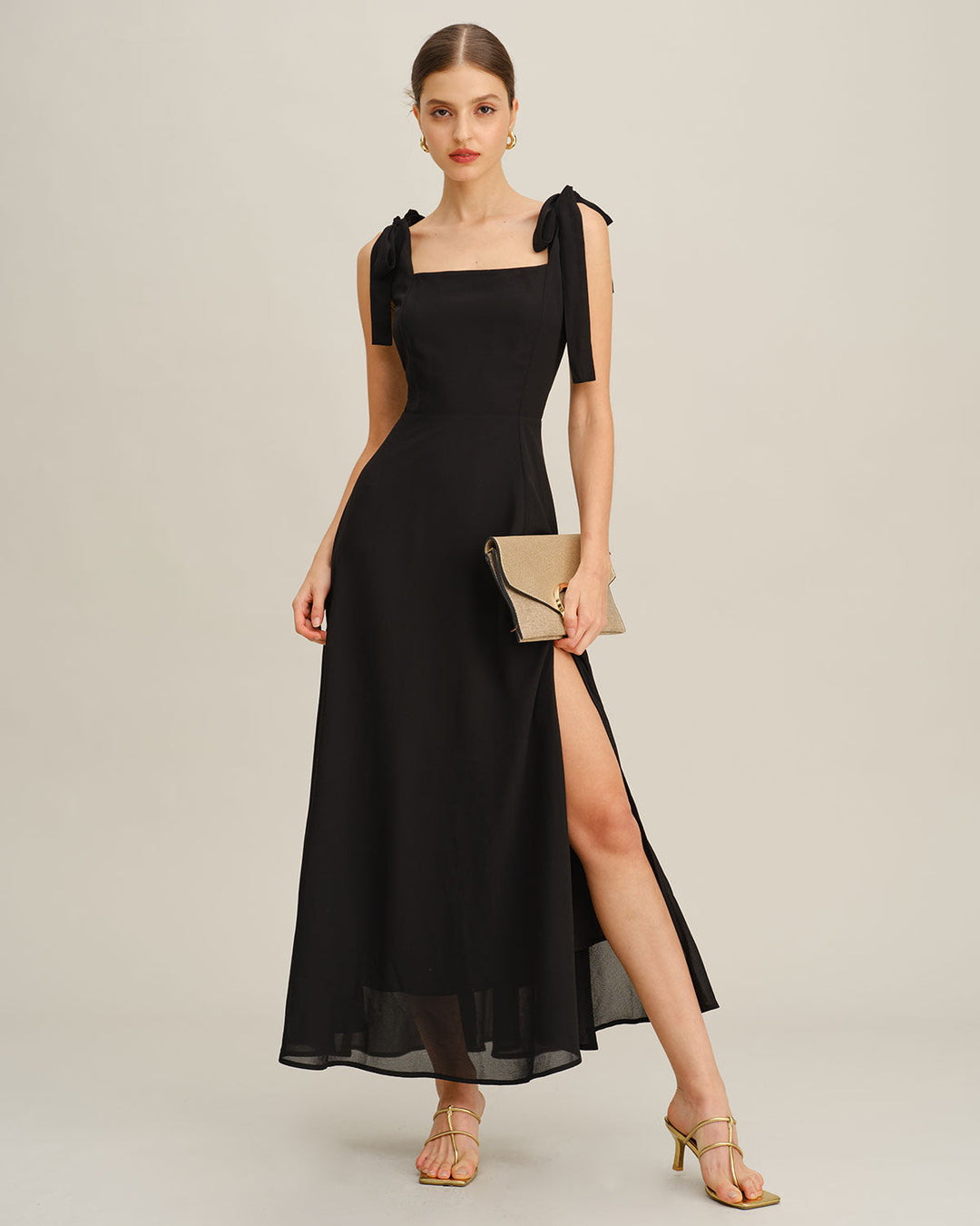 Morgan and Brooke | Chiffon Tie Strap Maxi Dress for Women in Black