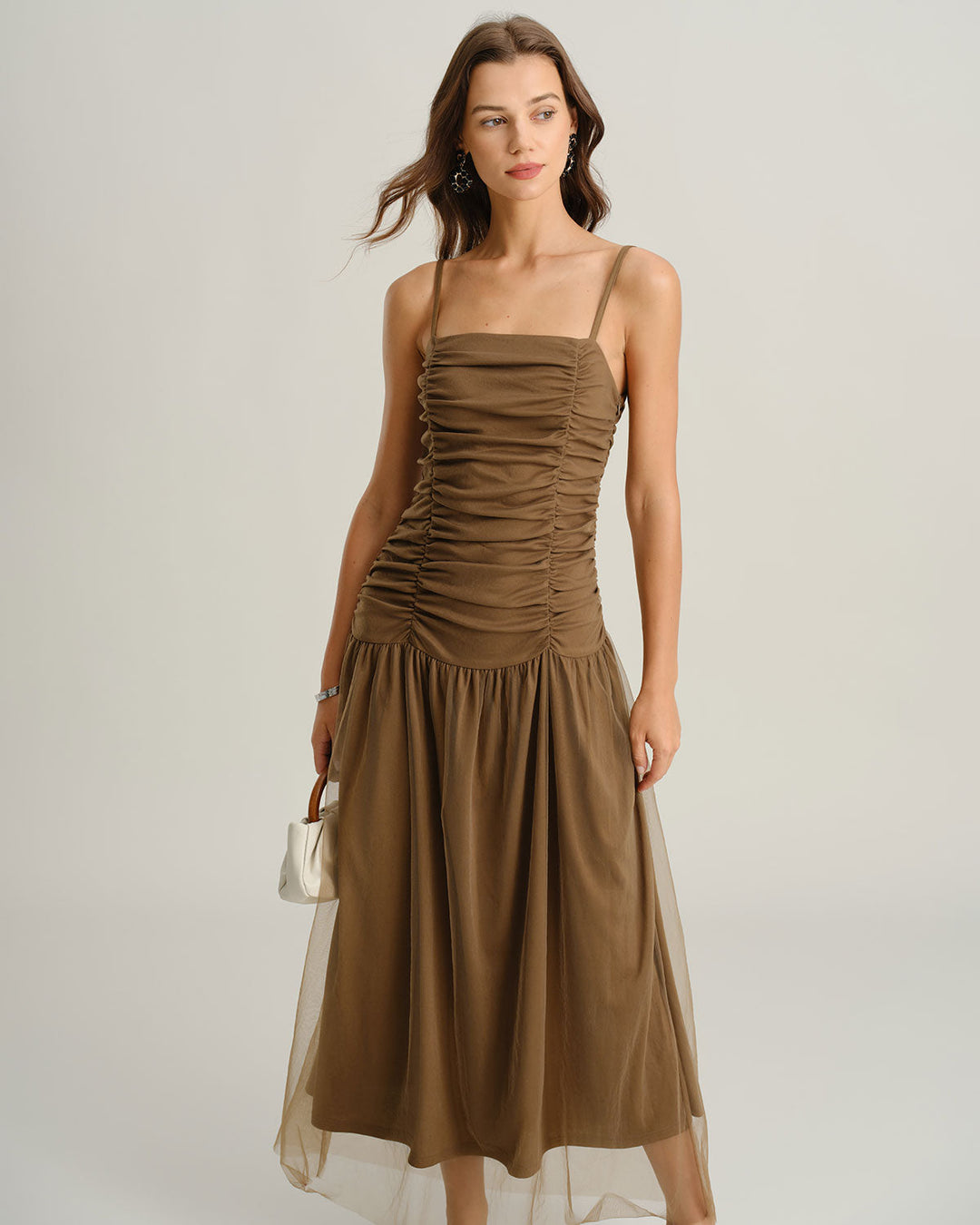 Morgan and Brooke | Brown Ruched Mesh Maxi Dress