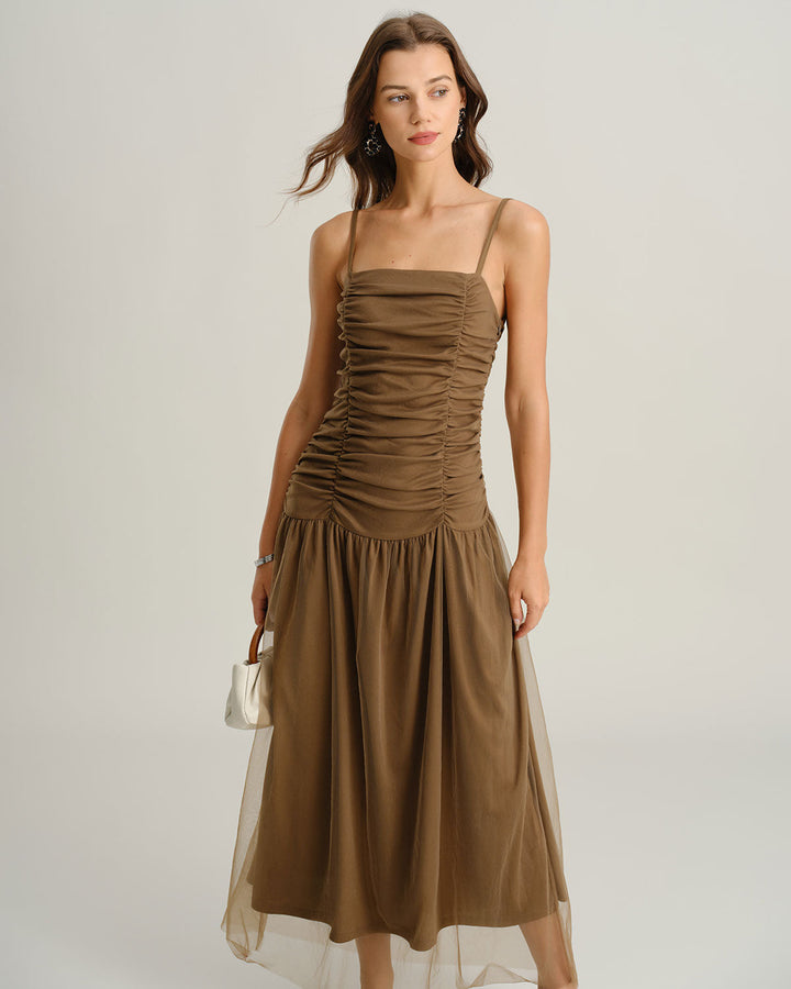 Morgan and Brooke | Brown Ruched Mesh Maxi Dress