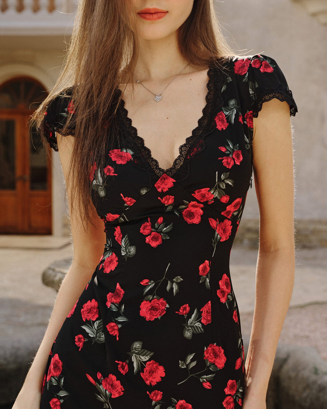 Morgan and Brooke | Floral V Neck Maxi Dress for Women in Black