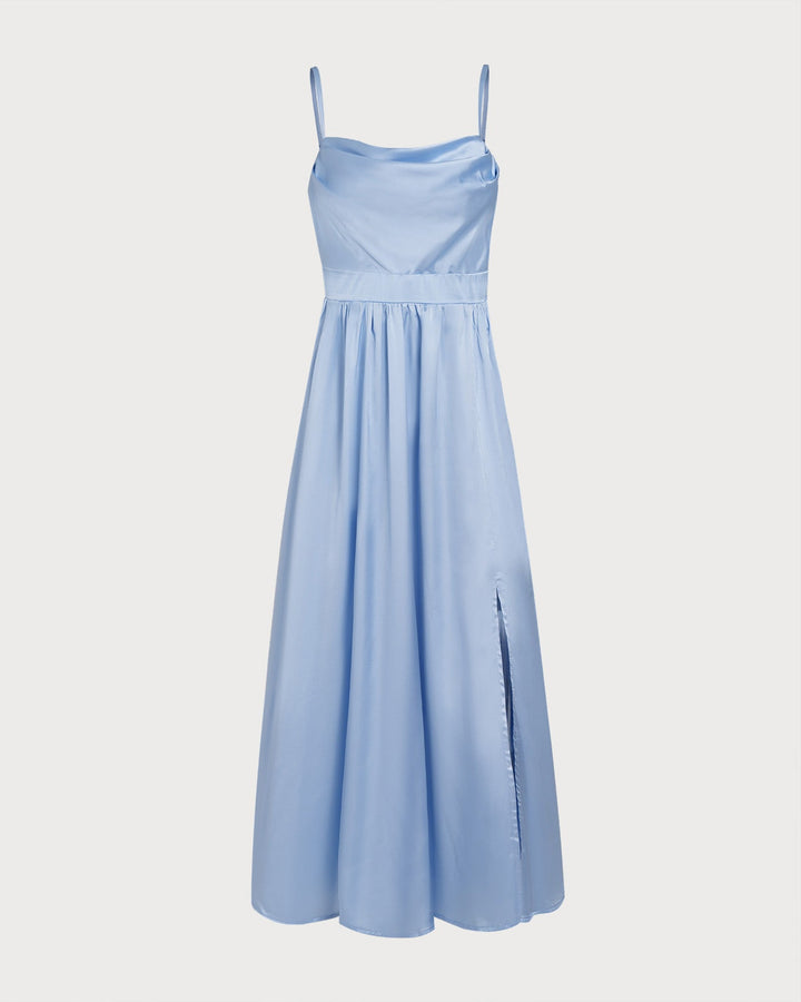 Morgan and Brooke | Satin Ruched Slip Maxi Dress for Women in Blue