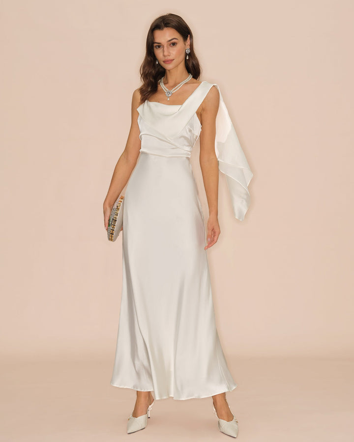 Morgan and Brooke | Square Neck Satin Maxi Dress for Women in Off White