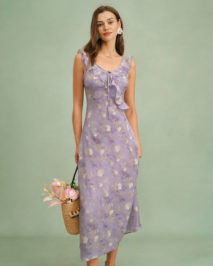 Morgan and Brooke | Floral Slip Maxi Dress for Women in Purple with Ruffle Detail