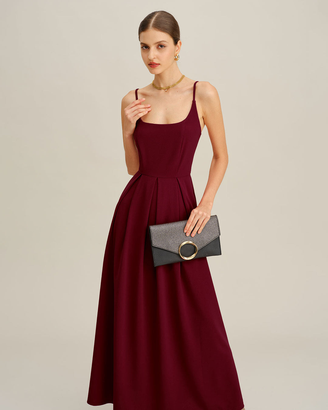 Morgan and Brooke | Pleated Slip Maxi Dress for Women in Wine Red