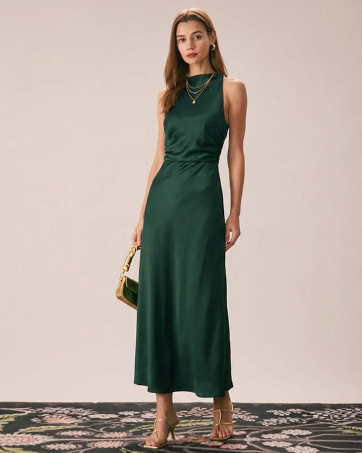 Morgan and Brooke | Satin Maxi Dress for Women in Green with Cowl Neck