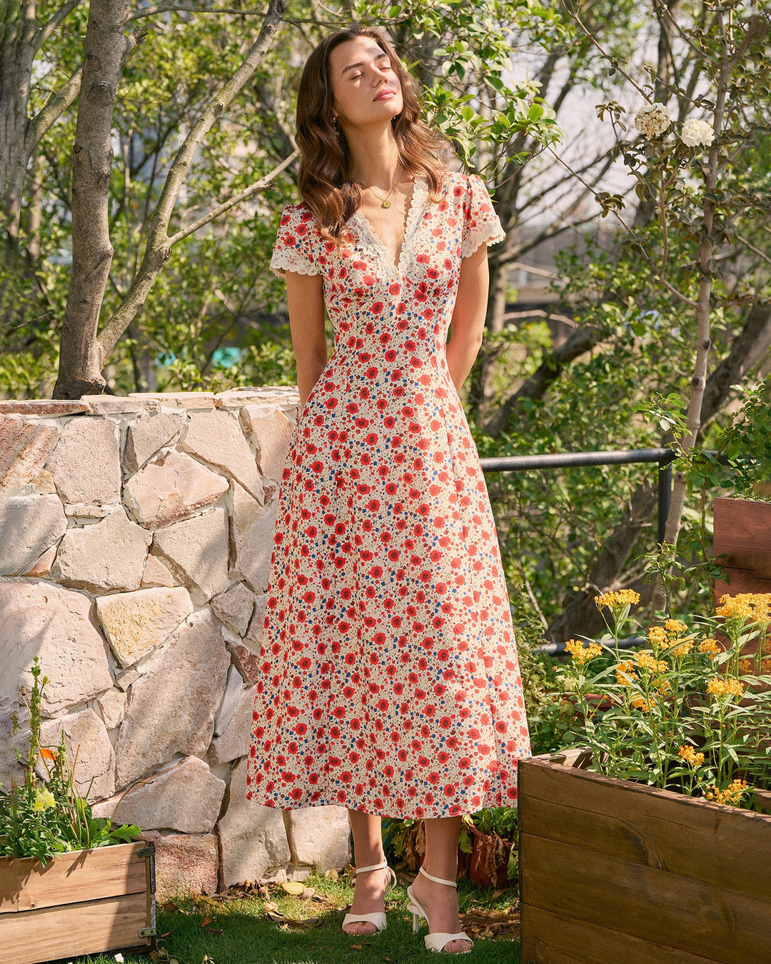 Morgan and Brooke | V Neck Lace Floral Maxi Dress