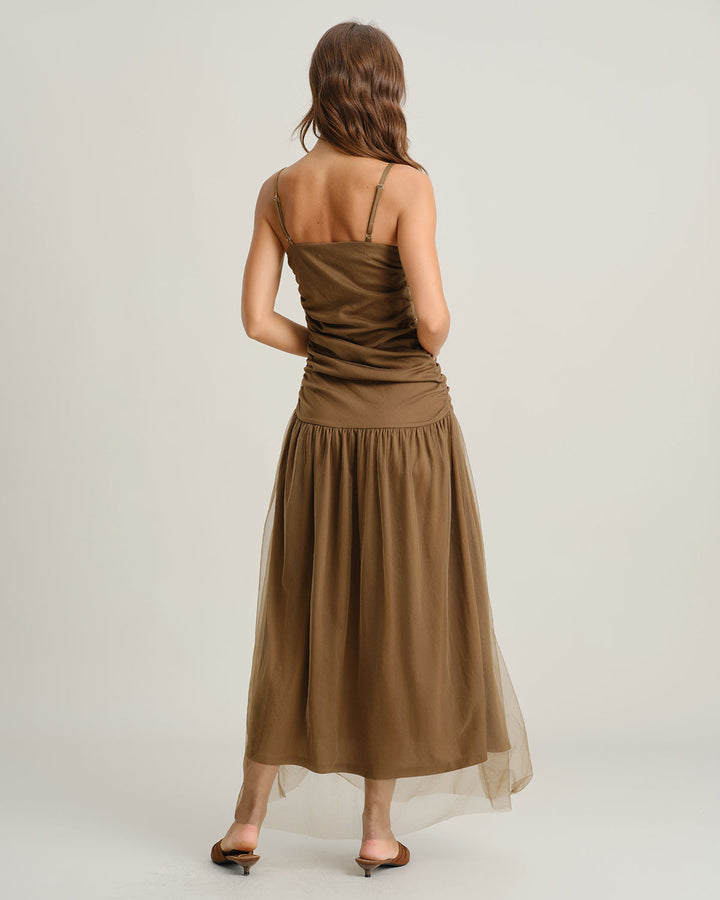 Morgan and Brooke | Brown Ruched Mesh Maxi Dress