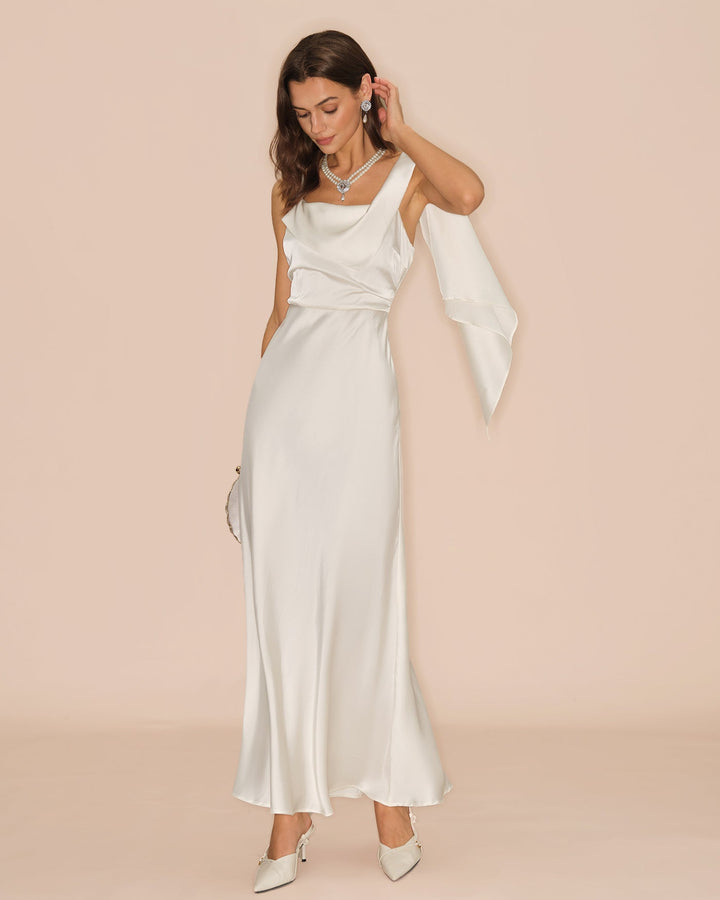 Morgan and Brooke | Square Neck Satin Maxi Dress for Women in Off White