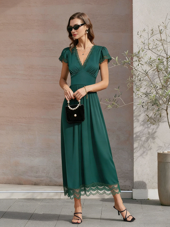 Morgan and Brooke | V Neck Lace Maxi Dress for Women in Green