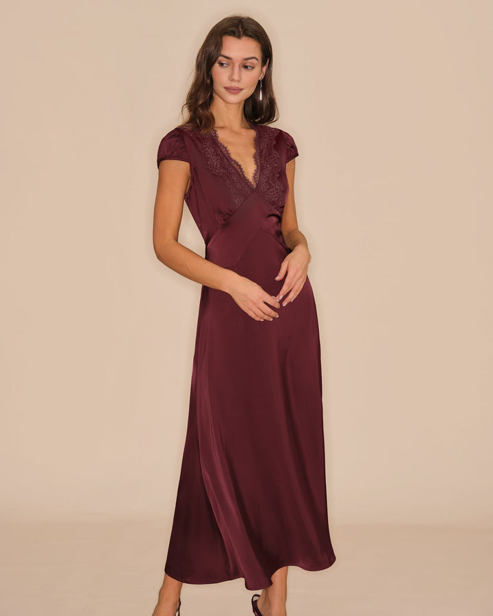 Morgan and Brooke | V Neck Lace Maxi Dress for Women in Wine Red