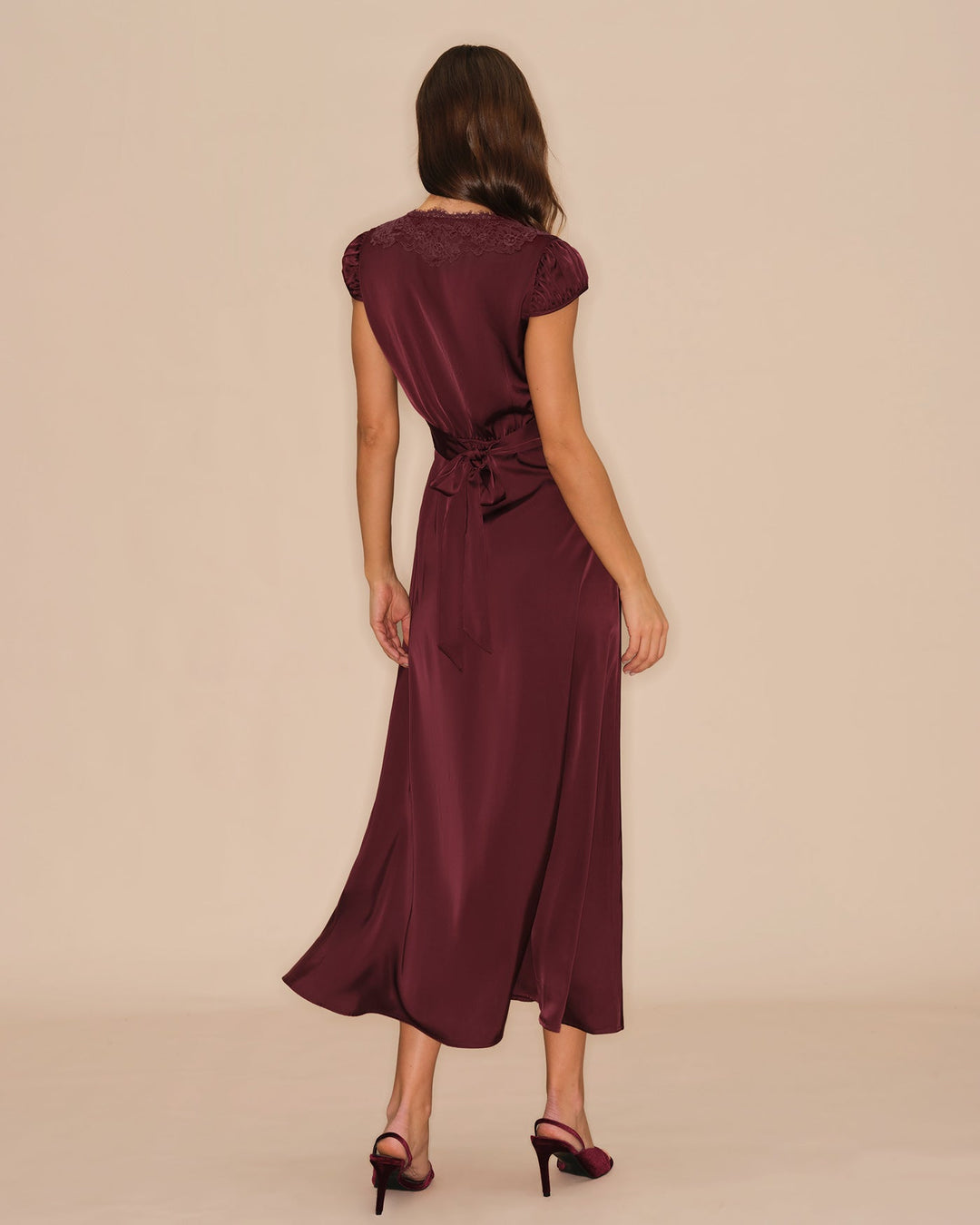 Morgan and Brooke | V Neck Lace Maxi Dress for Women in Wine Red