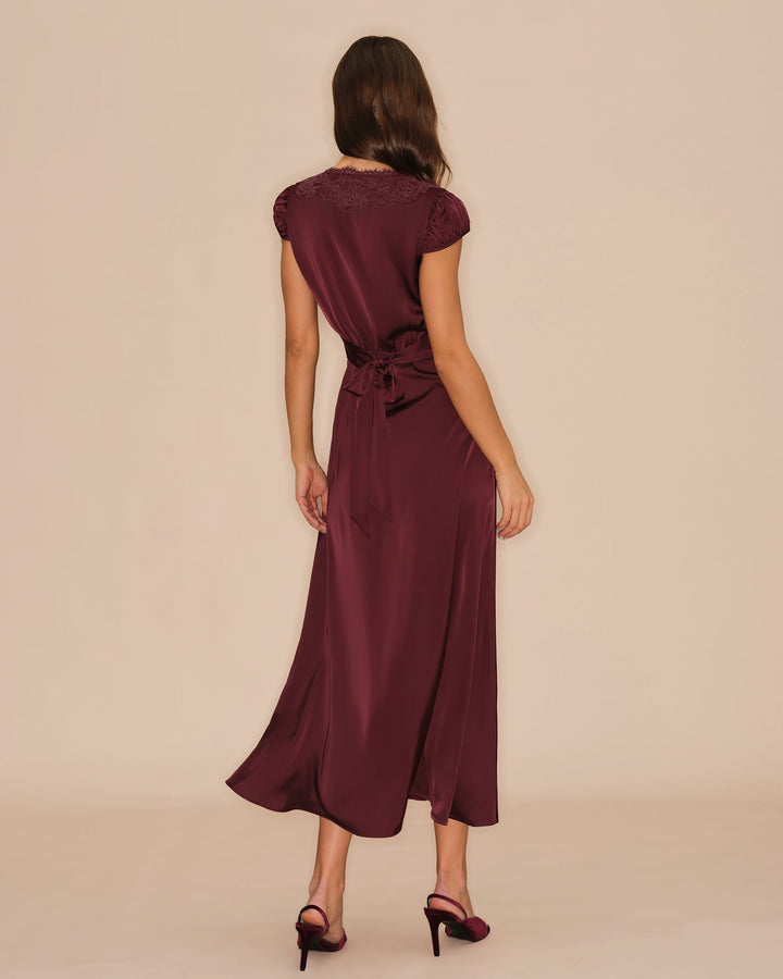 Morgan and Brooke | V Neck Lace Maxi Dress for Women in Wine Red
