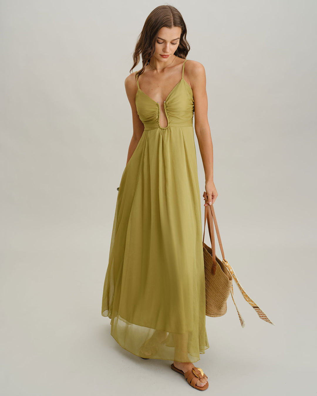 Morgan and Brooke | Ruched Slip Maxi Dress for Women in Green
