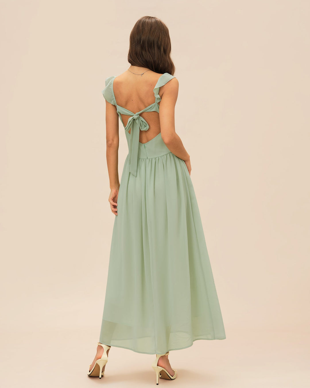 Morgan and Brooke | V Neck Ruffle Tie Maxi Dress for Women in Green