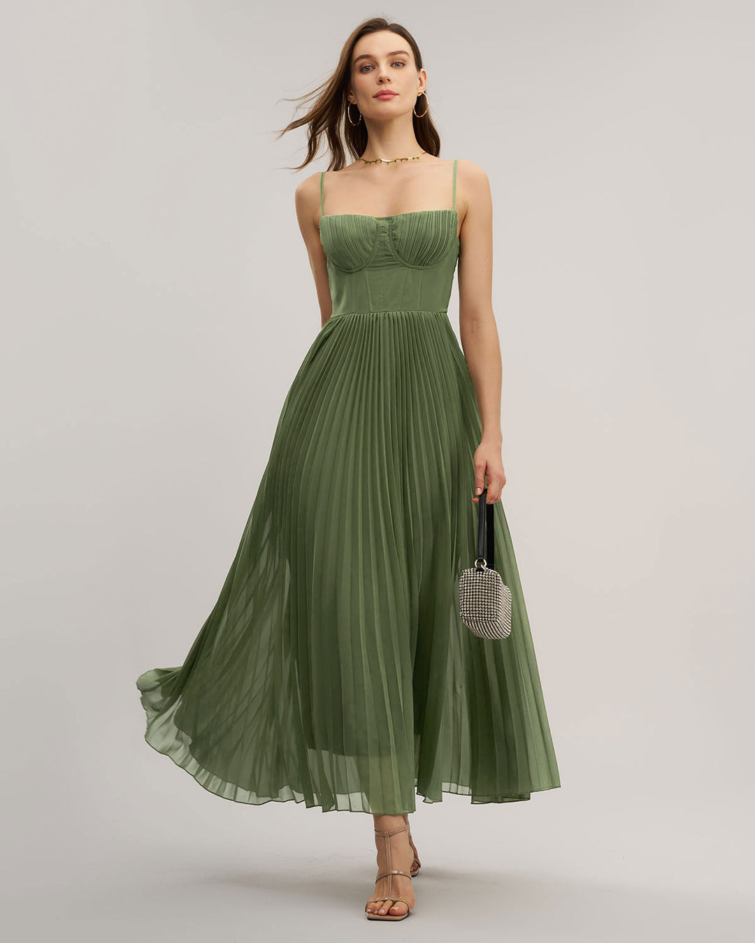 Morgan and Brooke | Green Sweetheart Neck Flowy Maxi Dress