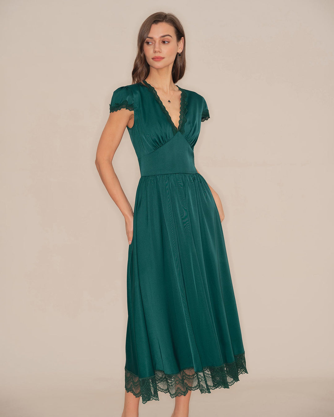 Morgan and Brooke | V Neck Lace Maxi Dress for Women in Green