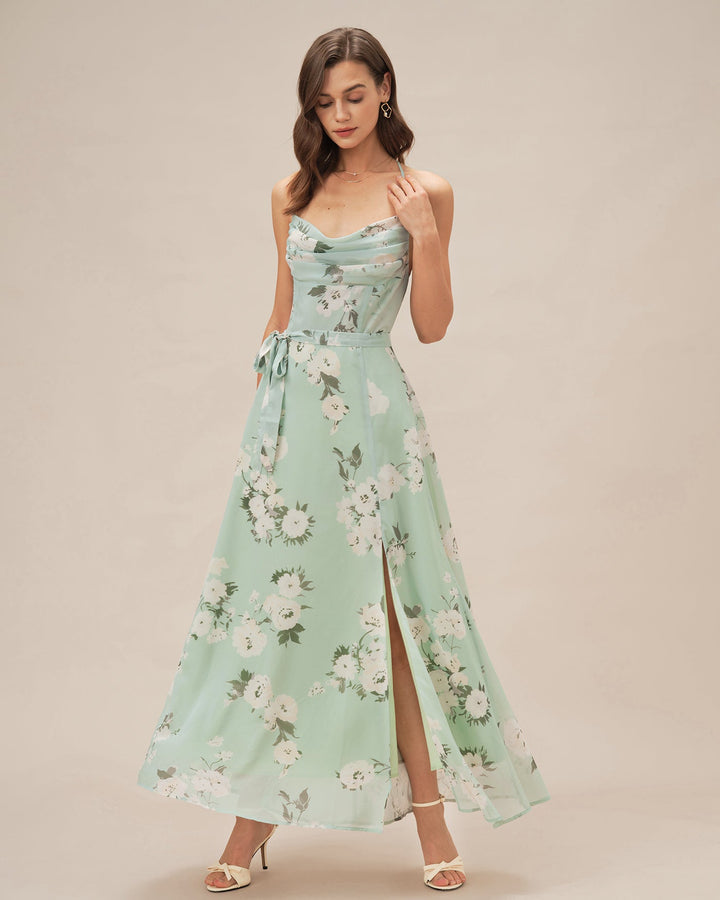 Morgan and Brooke | Floral Maxi Dress for Women in Green with Cowl Neck