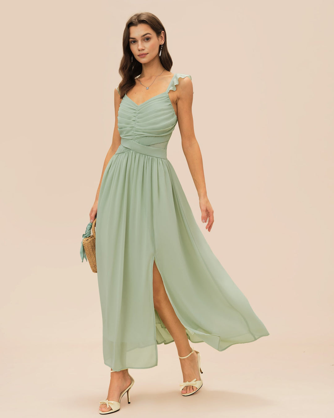 Morgan and Brooke | V Neck Ruffle Tie Maxi Dress for Women in Green