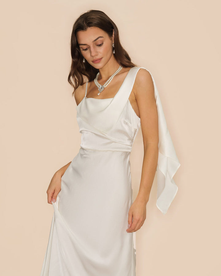 Morgan and Brooke | Square Neck Satin Maxi Dress for Women in Off White