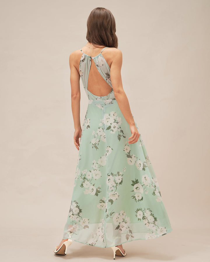 Morgan and Brooke | Floral Maxi Dress for Women in Green with Cowl Neck