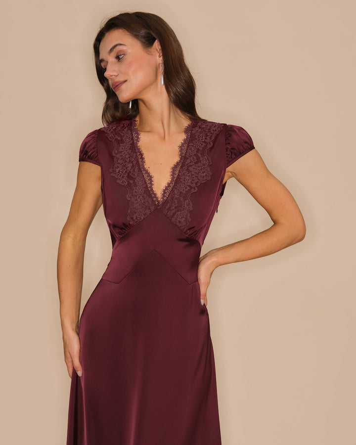 Morgan and Brooke | V Neck Lace Maxi Dress for Women in Wine Red