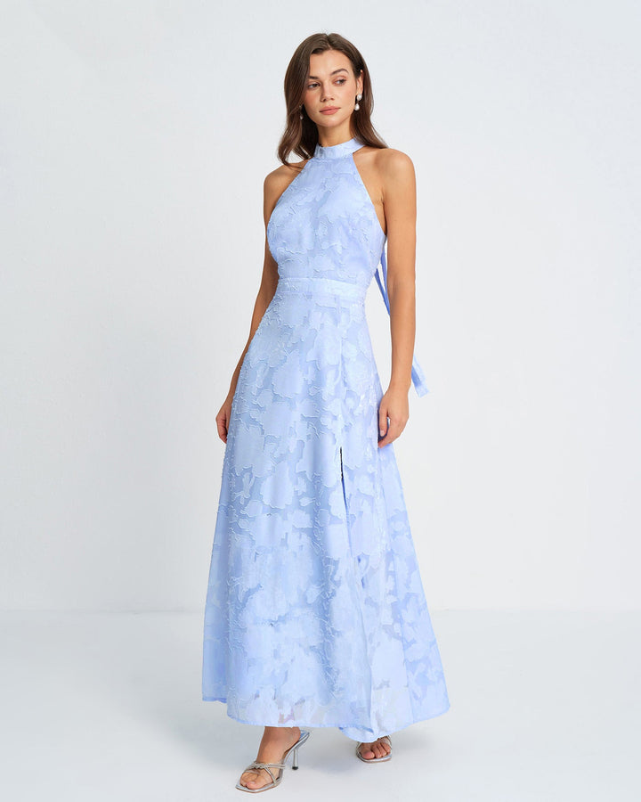 Morgan and Brooke | Jacquard Maxi Dress for Women in Blue with Mock Neck