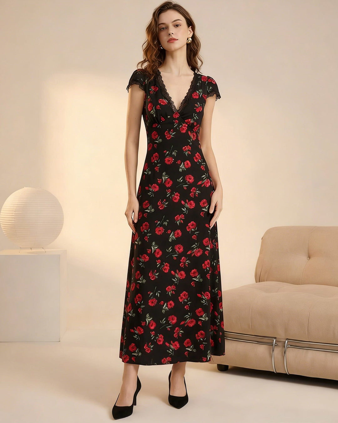 Morgan and Brooke | Floral V Neck Maxi Dress for Women in Black