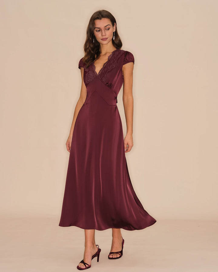 Morgan and Brooke | V Neck Lace Maxi Dress for Women in Wine Red